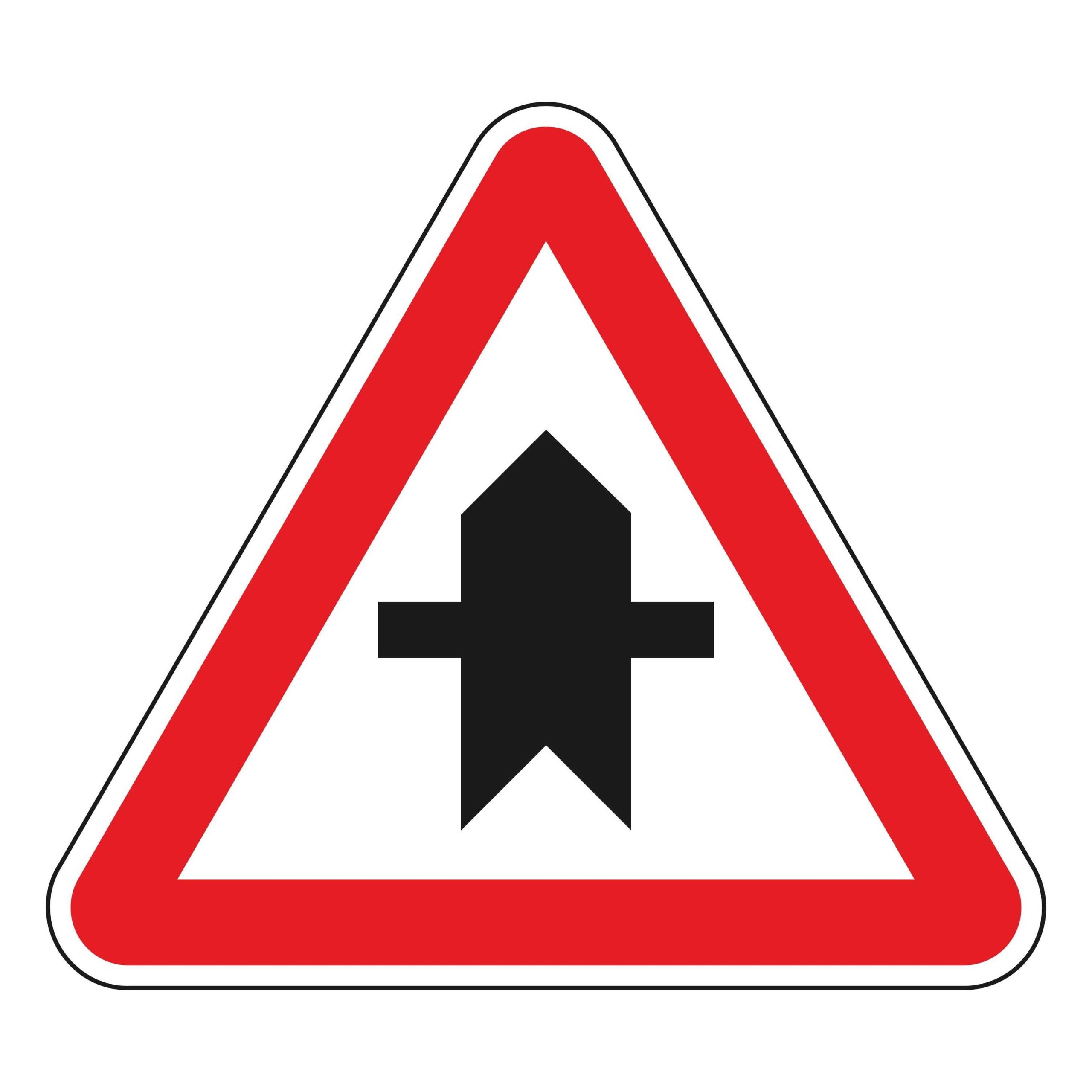 White triangular sign with red border and a thick black arrow pointing upwards with a black horizontal line through it.