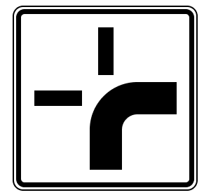 White square sign with thick black line that bends to the right with a horizontal line to the left and a vertical line above it.