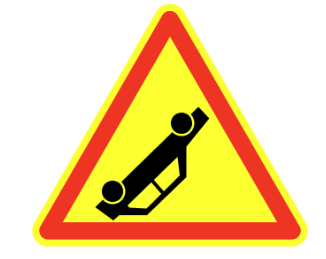 Yellow triangle with a red border and a drawing of a car upside down.