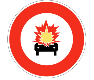 White circular sign with thick red border and image of a car with an explosion on it.